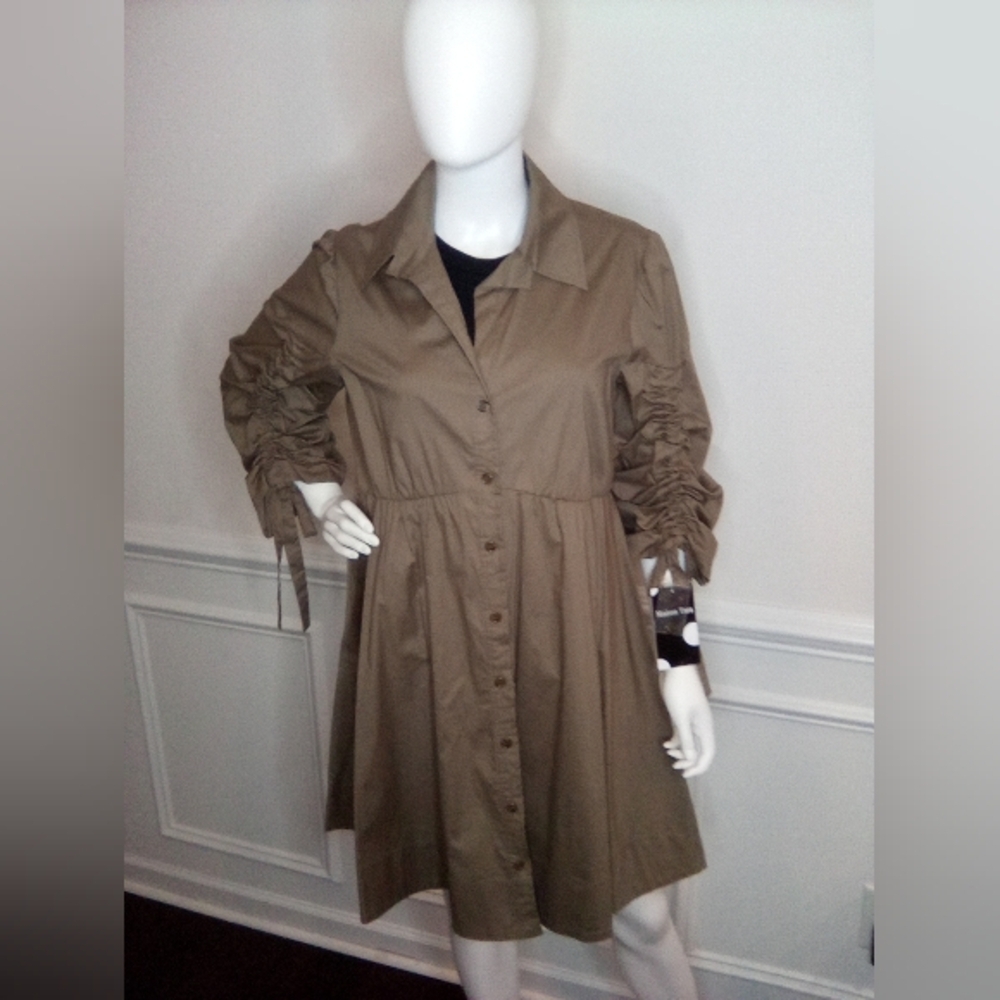 Women's MaisonTara 3/4 Sleeve Collared Shirt Dress, SizeXL, Olive, NEW - Picture 3 of 16